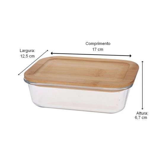 Porta Mantimento 640ml 17cm Comprimento Por 12,5cm Largura Retangular Em Vidro Borossilicato Com Tampa Bambu